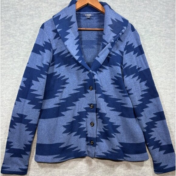 Chaps Womens XL Blue Aztec Button Up Cardigan Sweater Shawl Neck Southwest - Picture 1 of 5